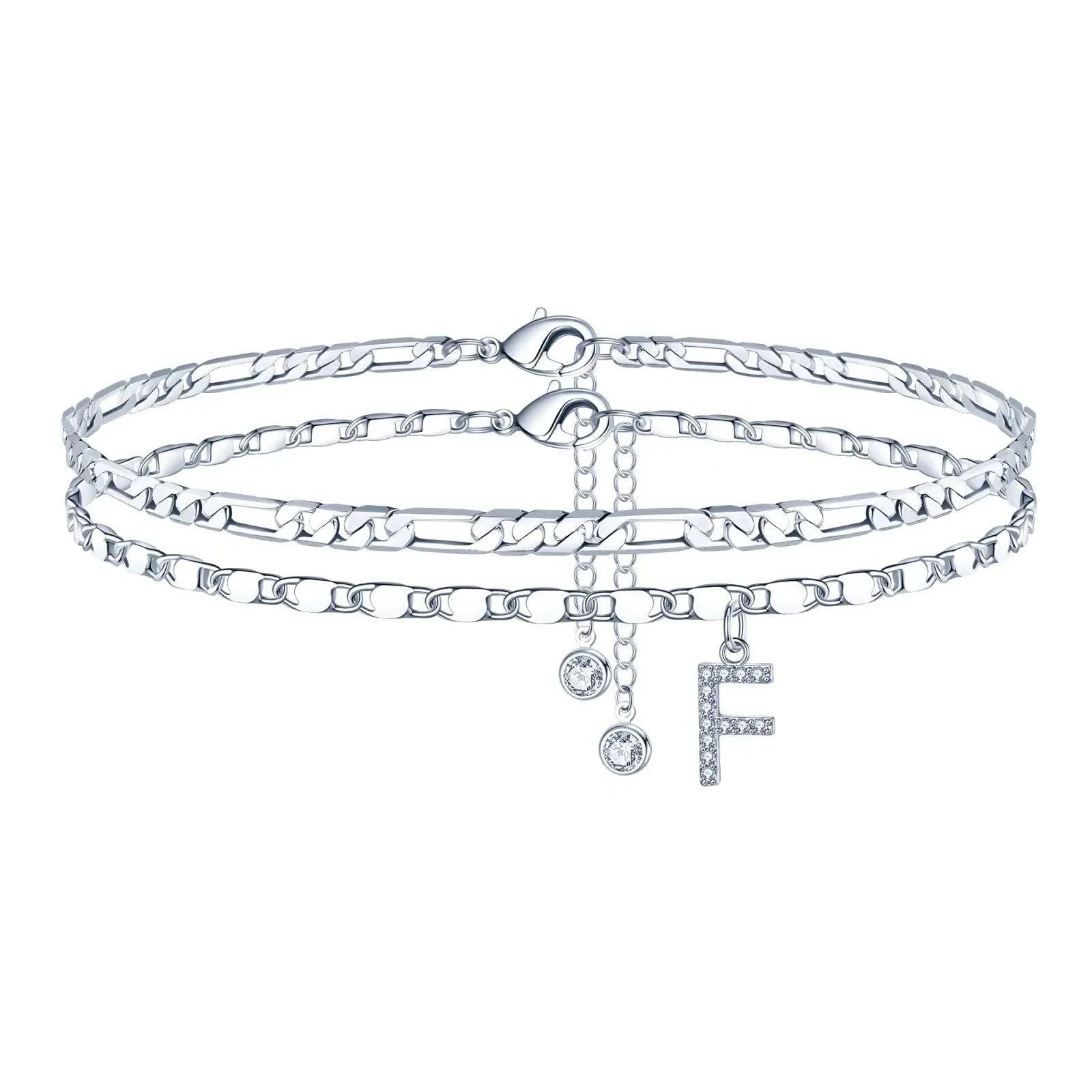 Copper double-circle bead anklet with letter options on silver-colour chain