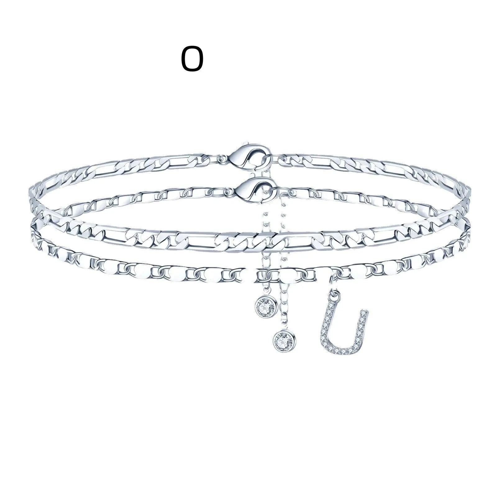 Copper double-circle bead anklet with letter options on silver-colour chain
