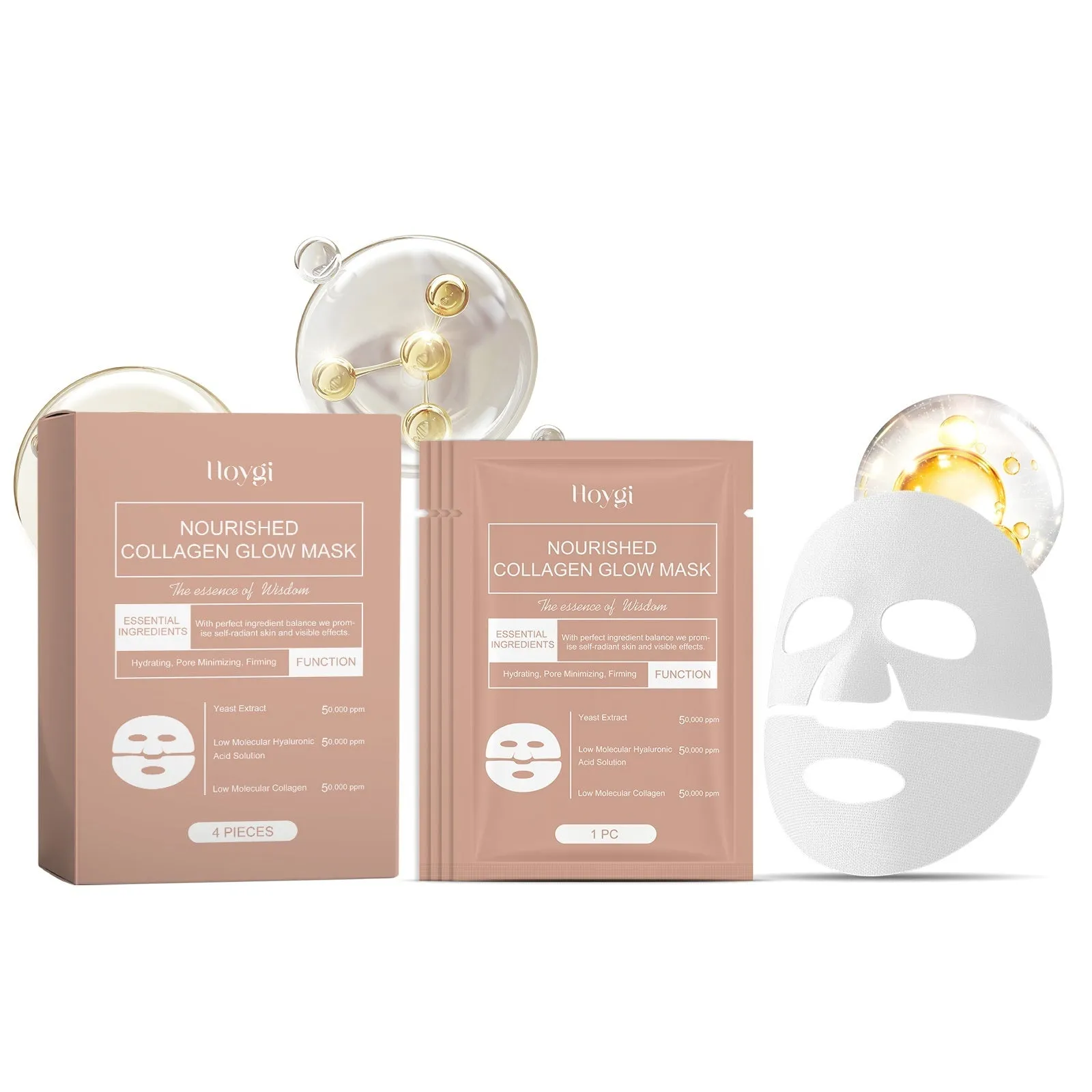 Collagen and hyaluronic acid sheet face mask, shown on packaging.