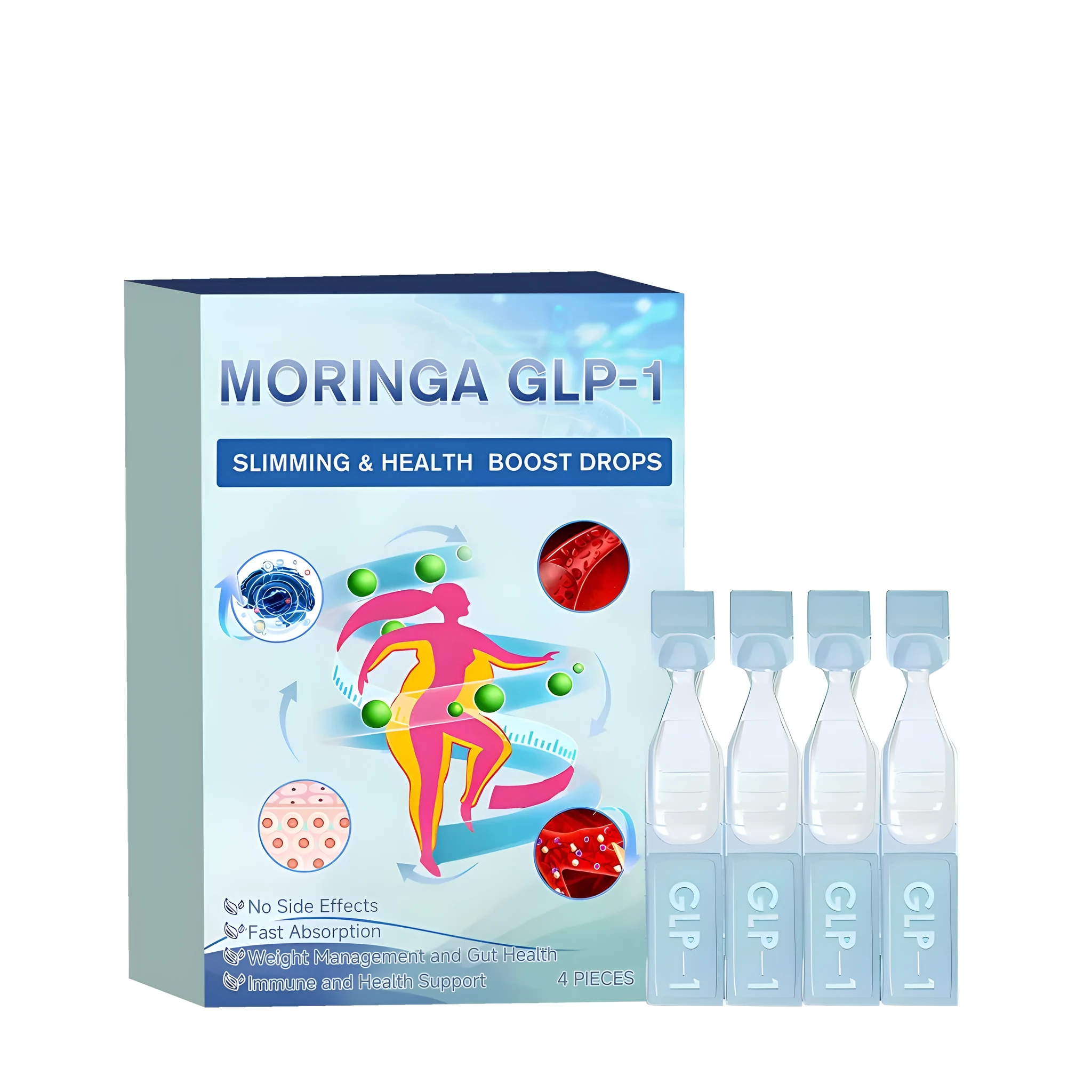 Pack of four glass dropper bottles containing appetite suppressant liquid drops.