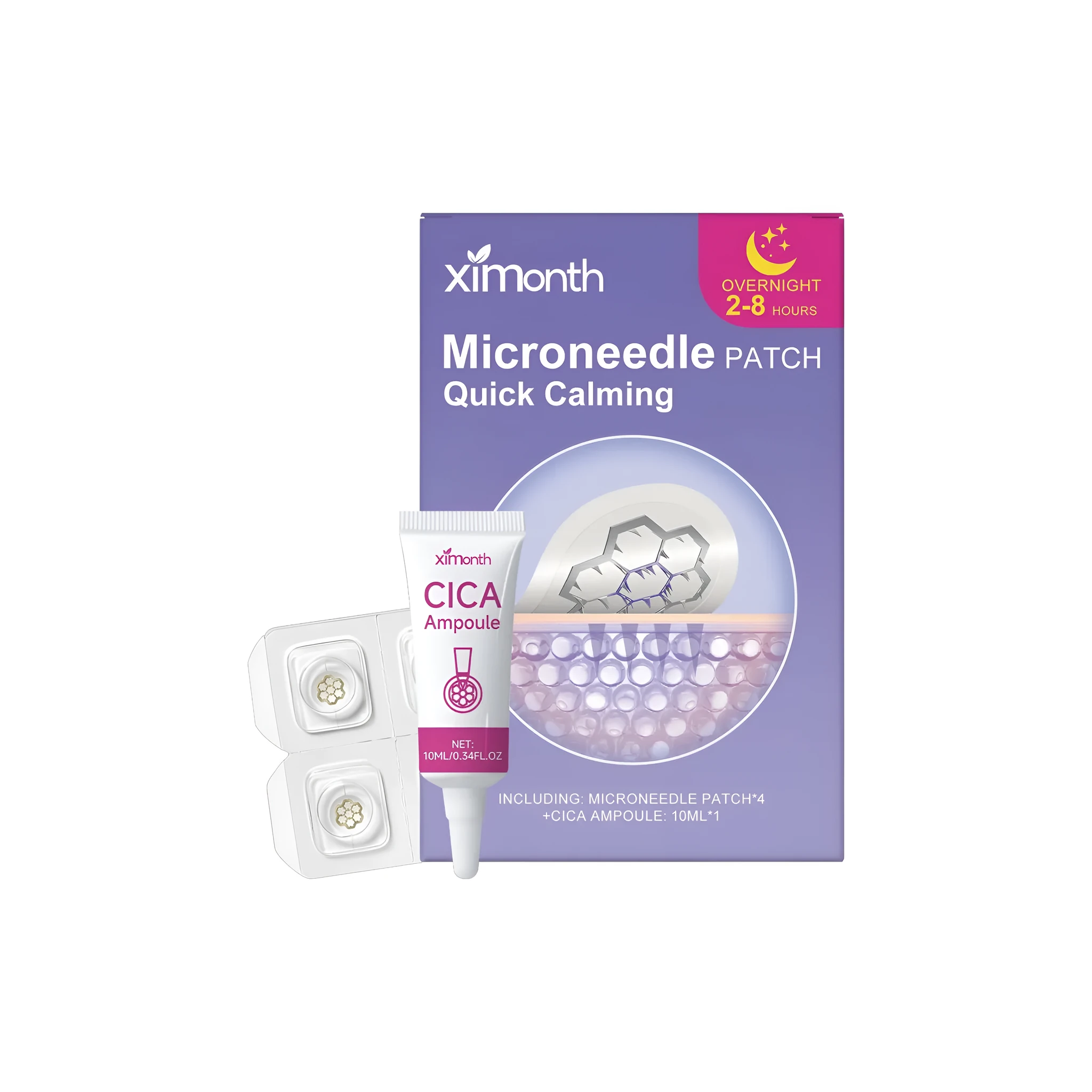 Ximont microneedle patch and ampoule set with four patches and a 10ml bottle for targeted skincare treatment
