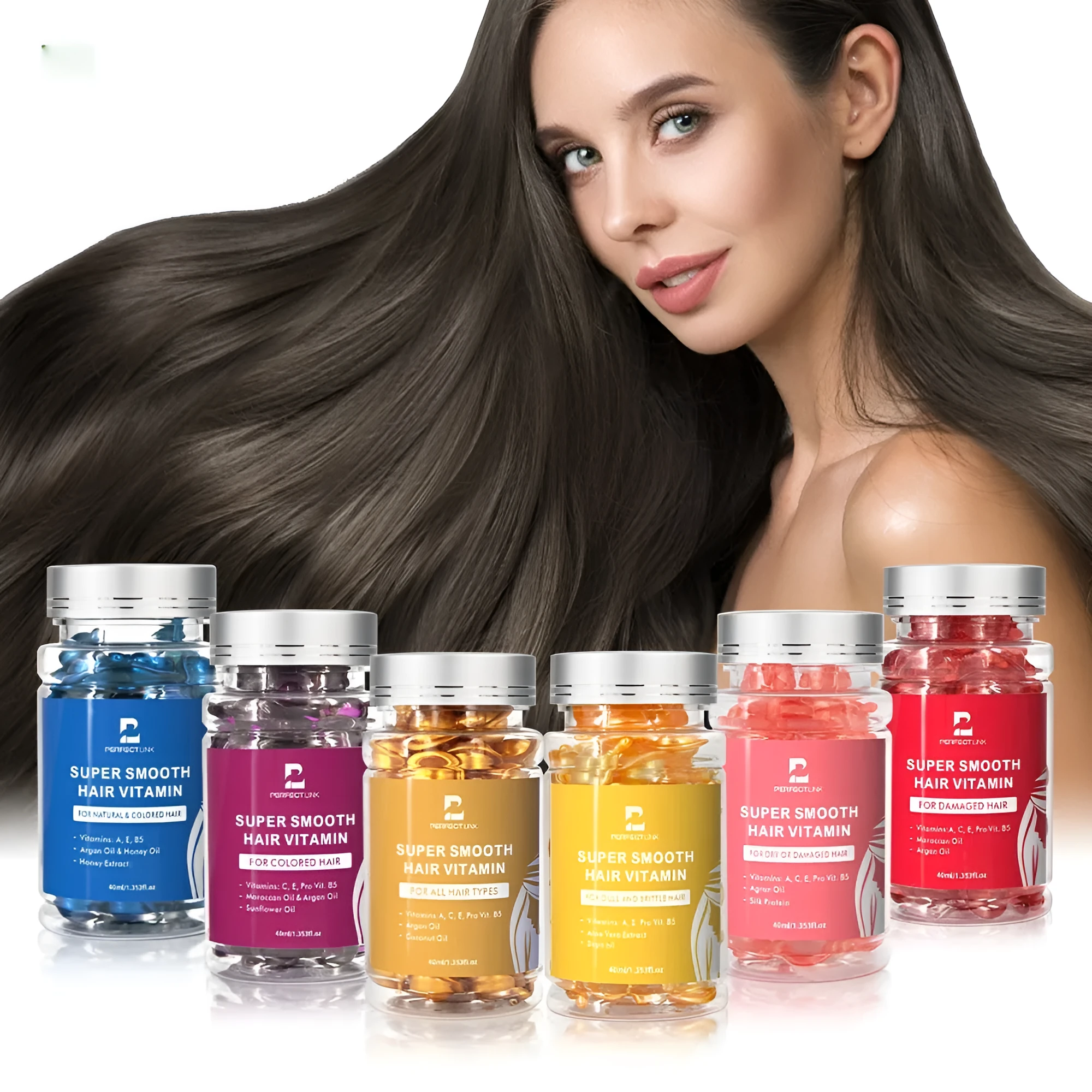 40ml vitamin nuts hair care essential oil bottle in one of six colours: red, purple, gold, blue, yellow, or pink