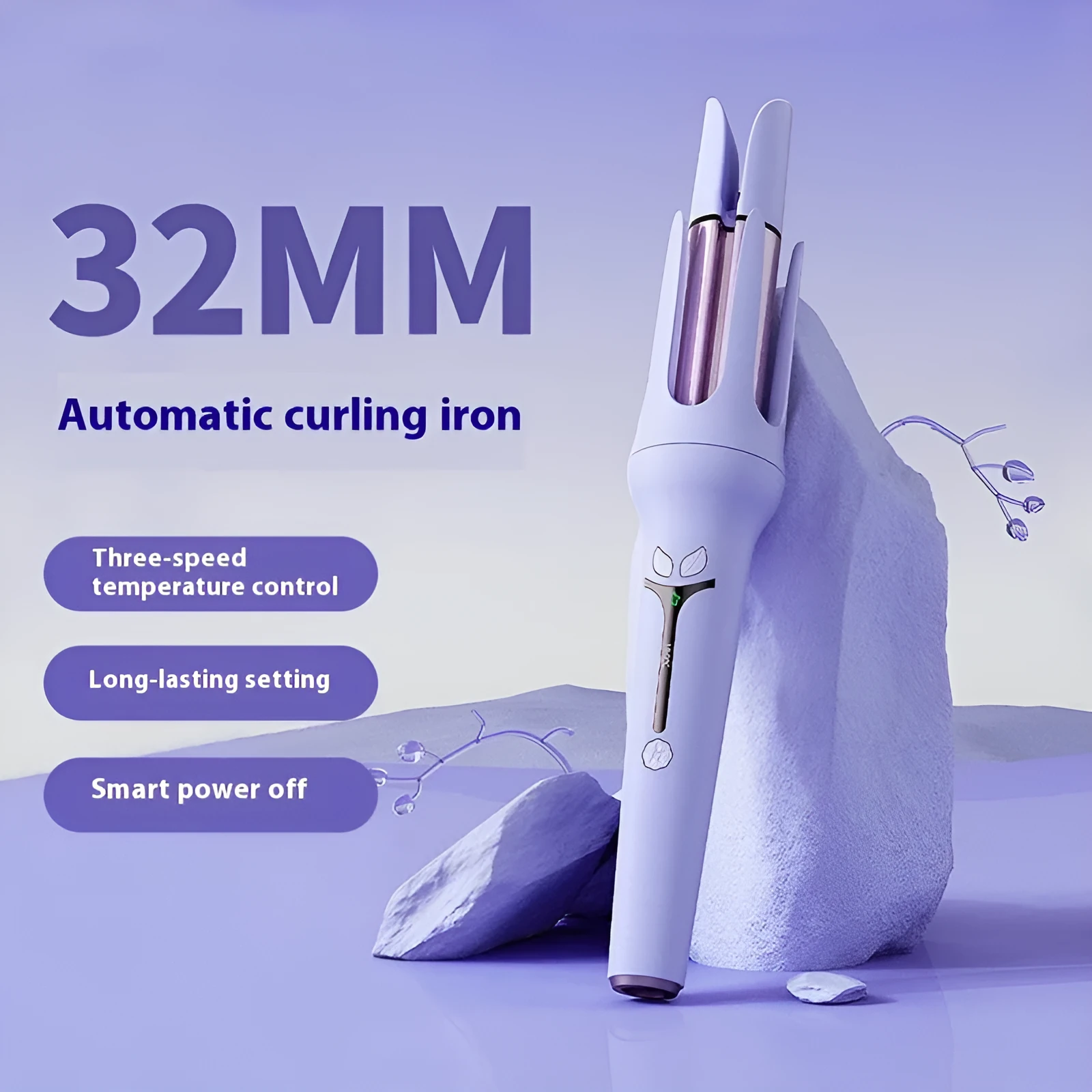 Pink automatic hair curler with 32mm barrel, three clips, and comb on white background