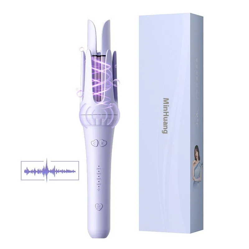 Pink automatic hair curler with 32mm barrel, three clips, and comb on white background