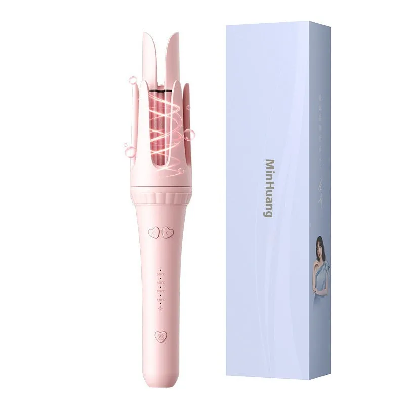Pink automatic hair curler with 32mm barrel, three clips, and comb on white background