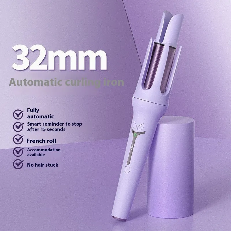 Pink automatic hair curler with 32mm barrel, three clips, and comb on white background