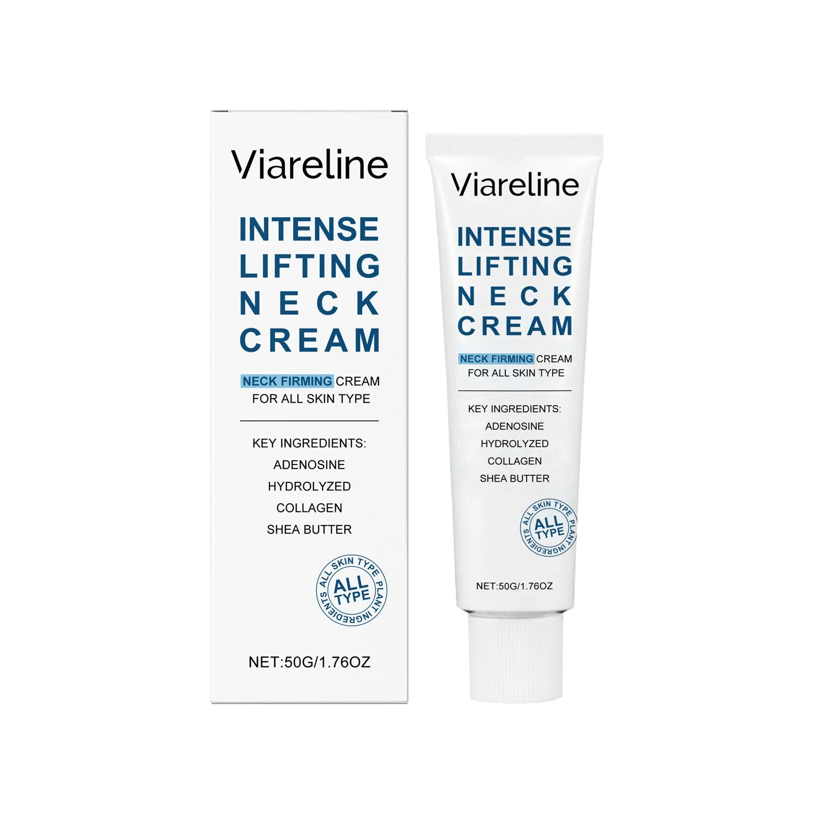 Jar of 50g lifting and tightening neck cream for skincare.