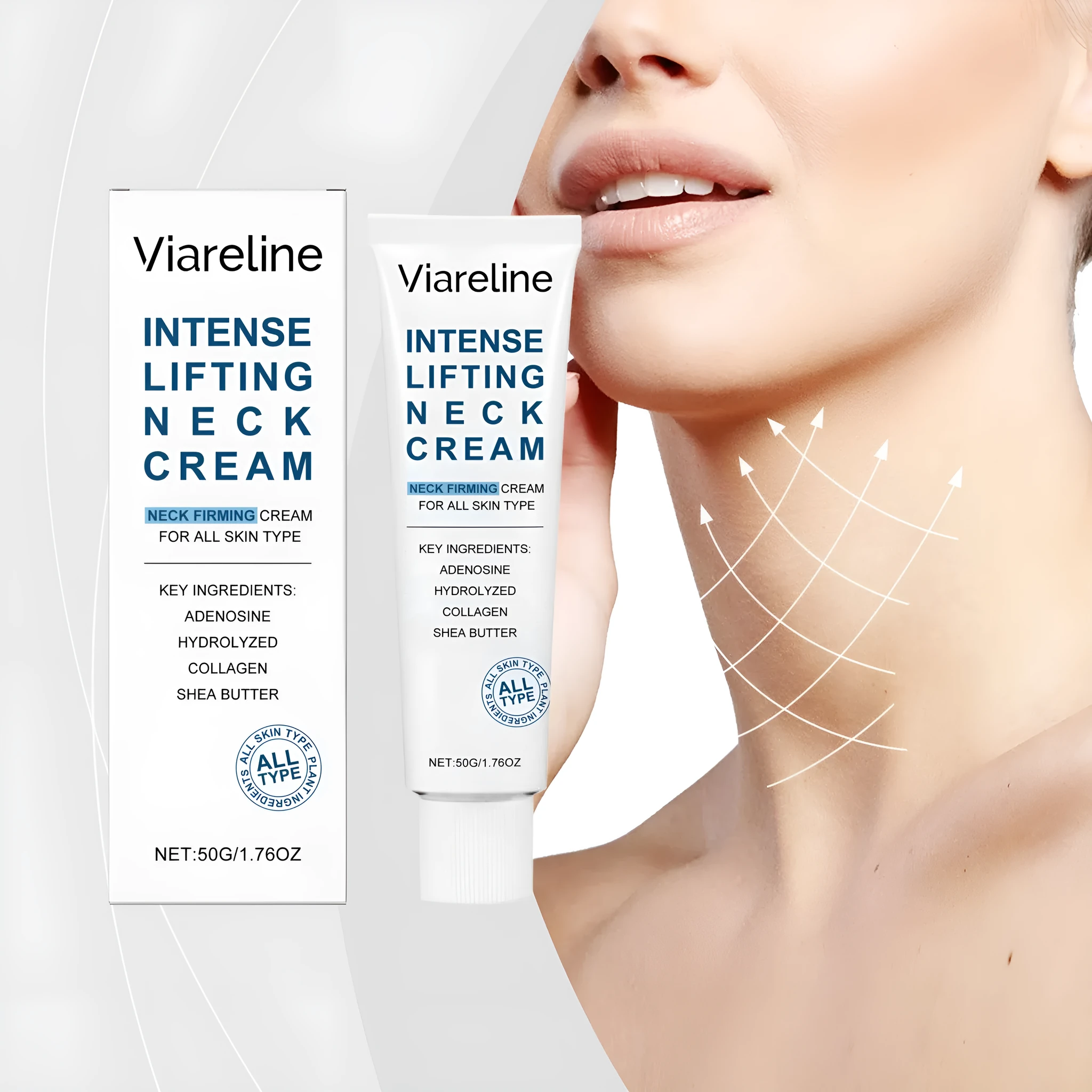 Jar of 50g lifting and tightening neck cream for skincare.