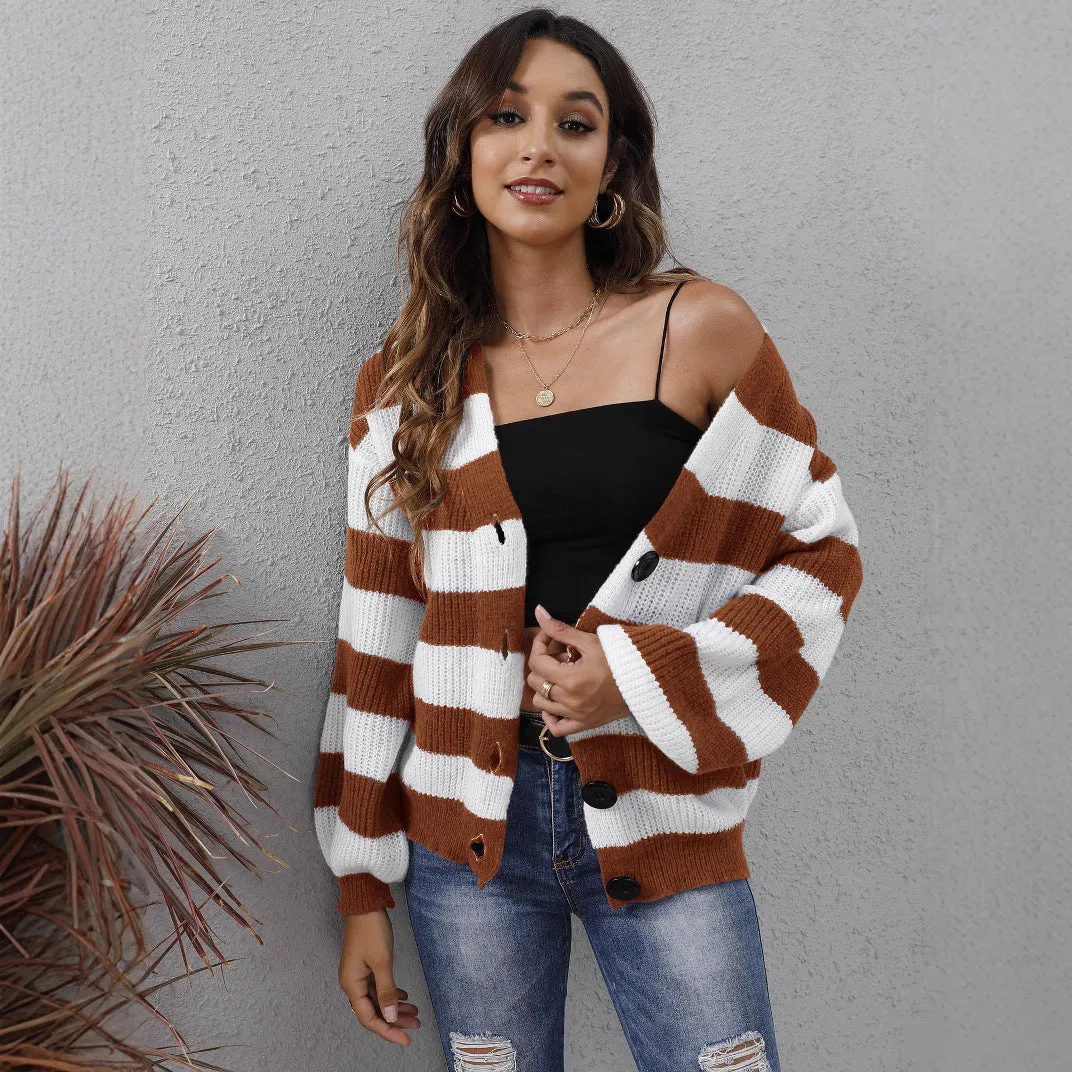 Women's striped deer plush cardigan sweater with buttons in dark green.