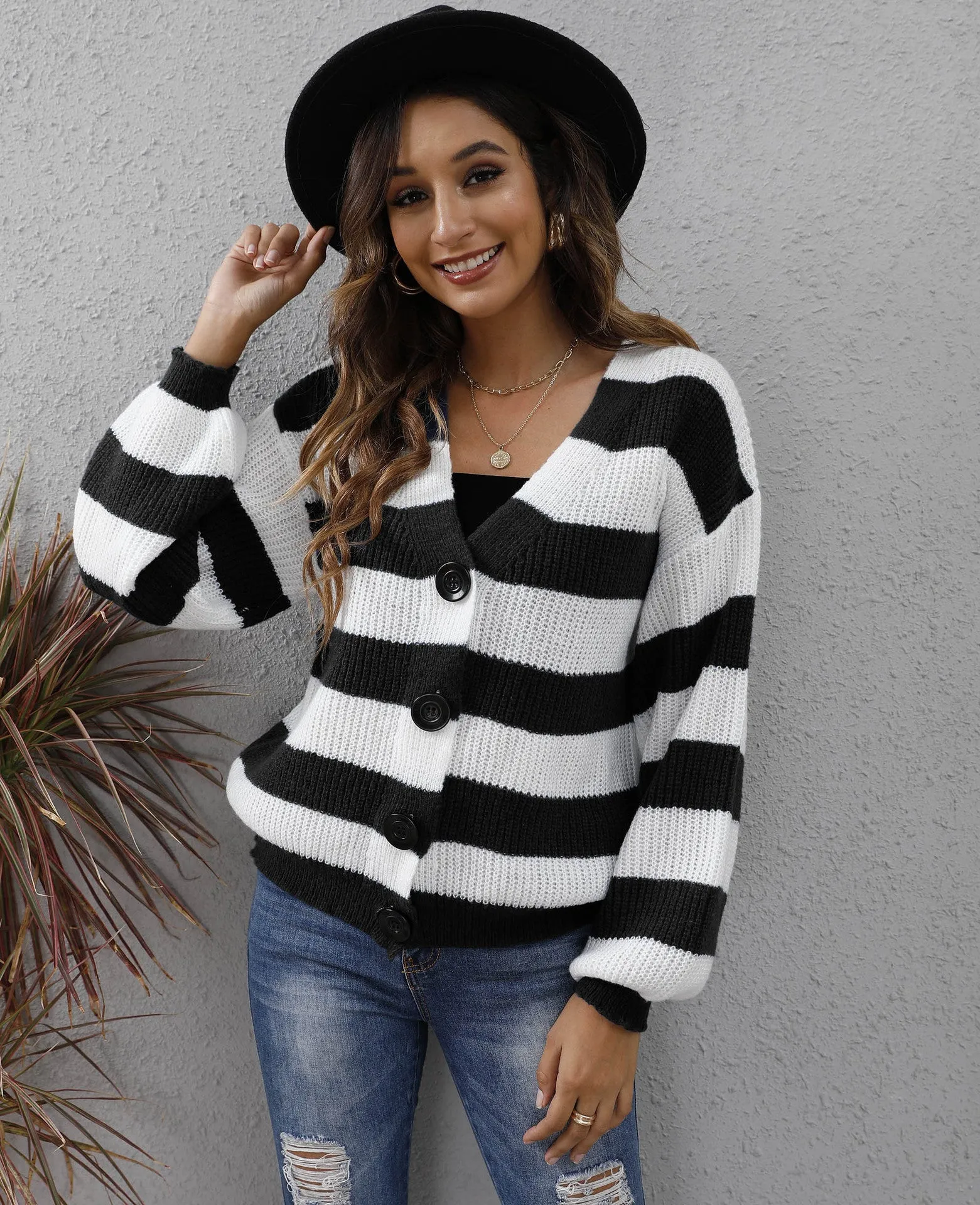 Women's striped deer plush cardigan sweater with buttons in dark green.