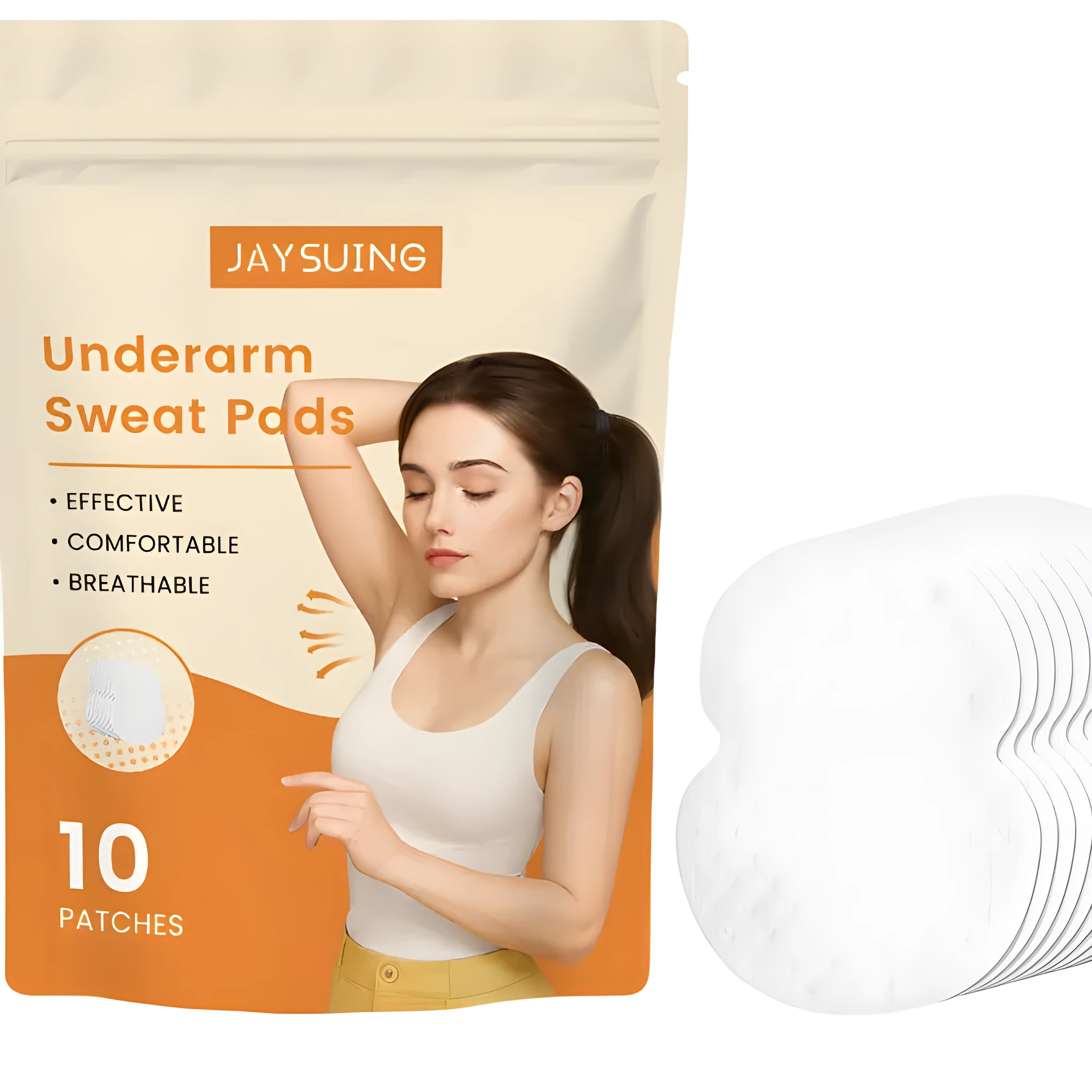 Pack of ten clear hydrogel underarm sweat absorbing patches on a white background.