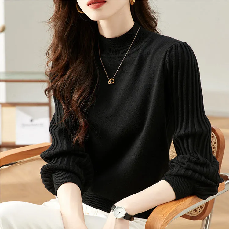Women's slim-fit half turtleneck shirt with sunken stripe detail in apricot colour.