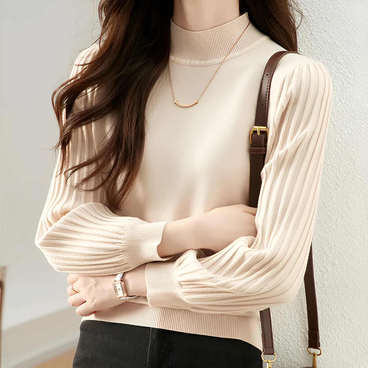 Women's slim-fit half turtleneck shirt with sunken stripe detail in apricot colour.