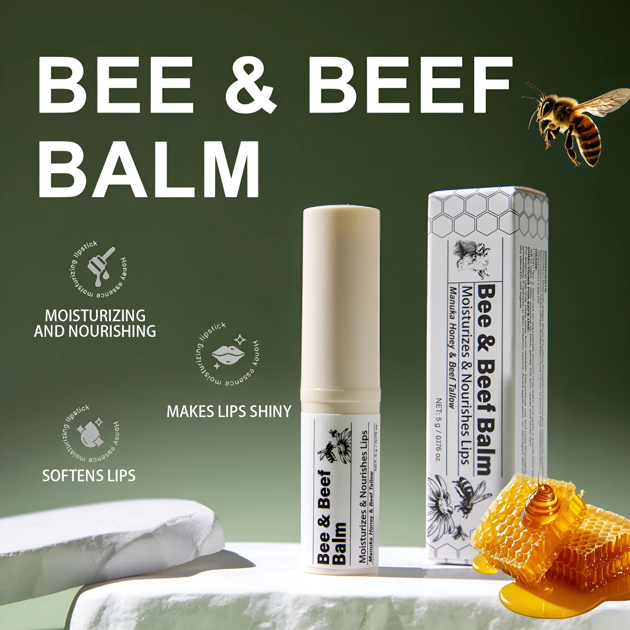 Beef fat lip balm tube with organic grass-fed butter 5g content measuring 83mm length