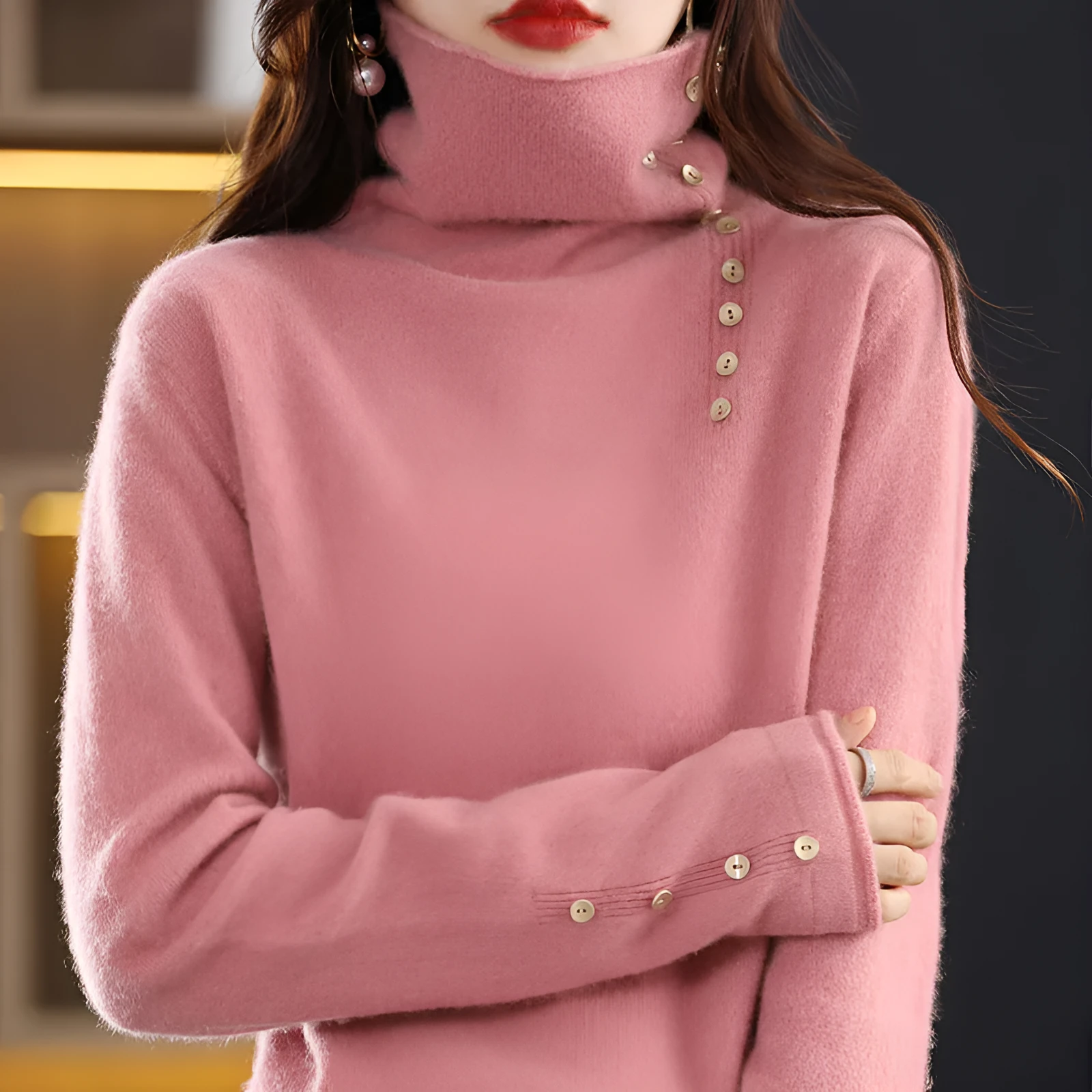 Core-spun yarn knitted pullover shirt in light camel colour with 3D pattern, short 40cm length.
