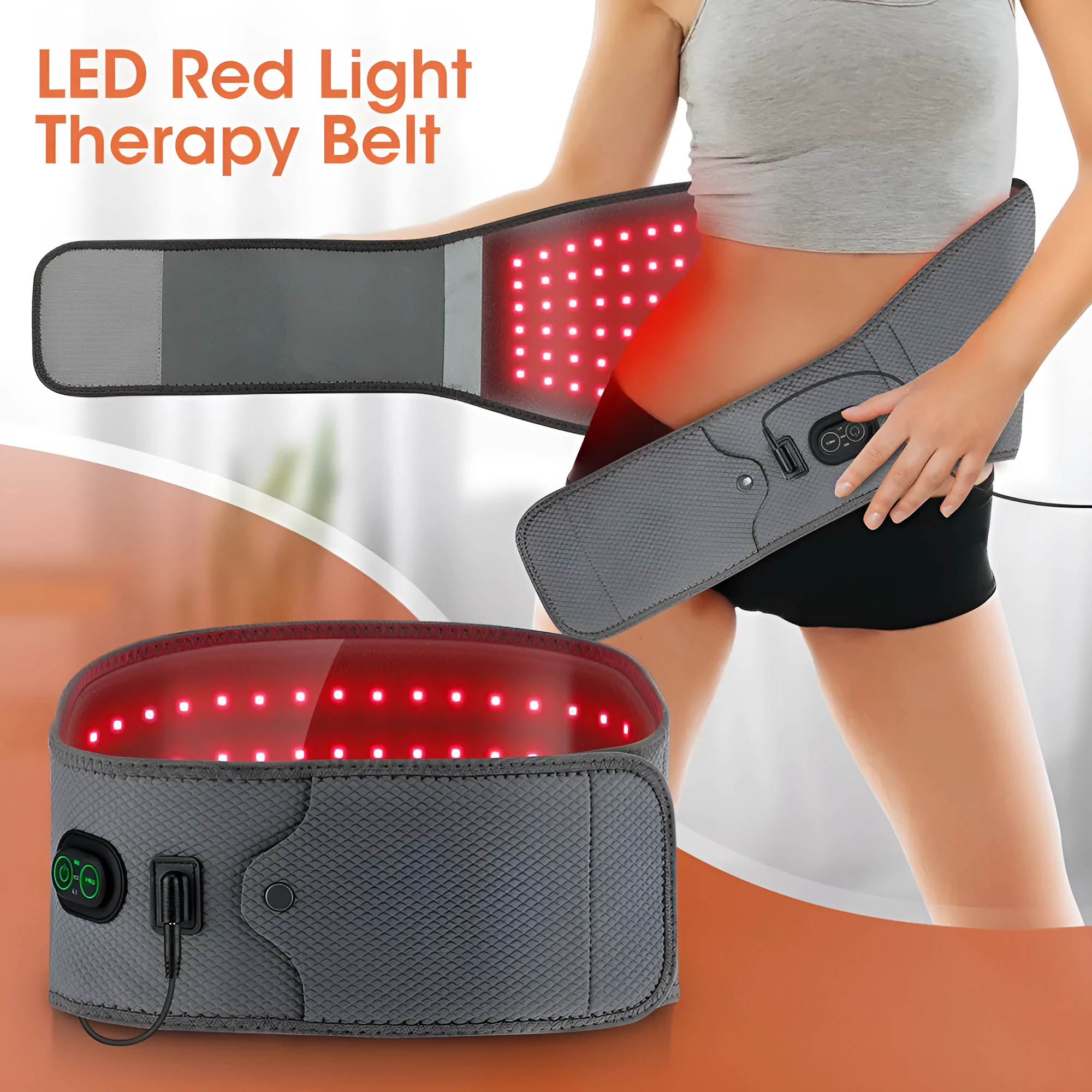 Grey electric waist therapy belt with red light hot compress beads and adjustable neoprene support