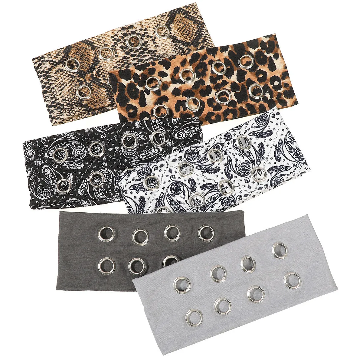 Black polyester hair band with integrated hollow metal circle in punk style.