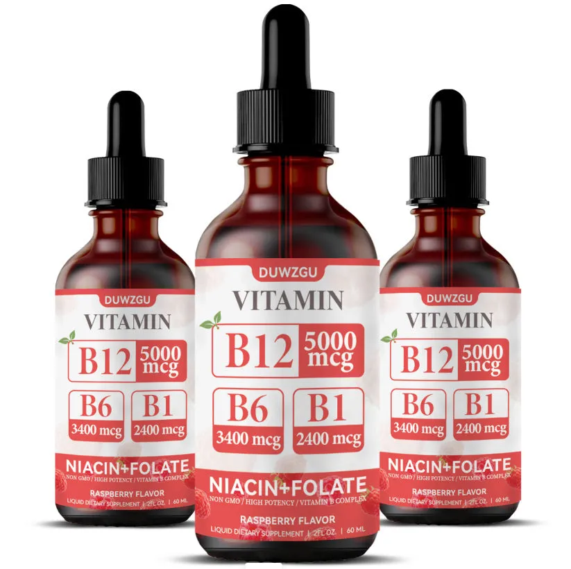 Bottle of vitamin B12 liquid drops supplement with dropper