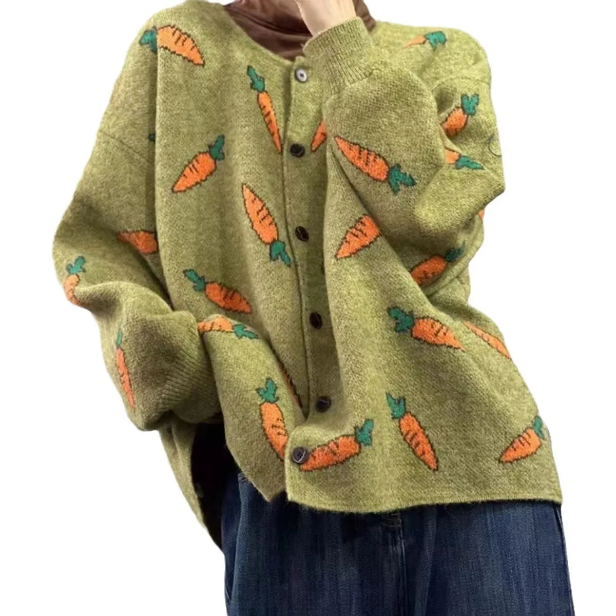 Loose round neck cardigan with Mori artistic colour contrast print, shown in viscose fabric.