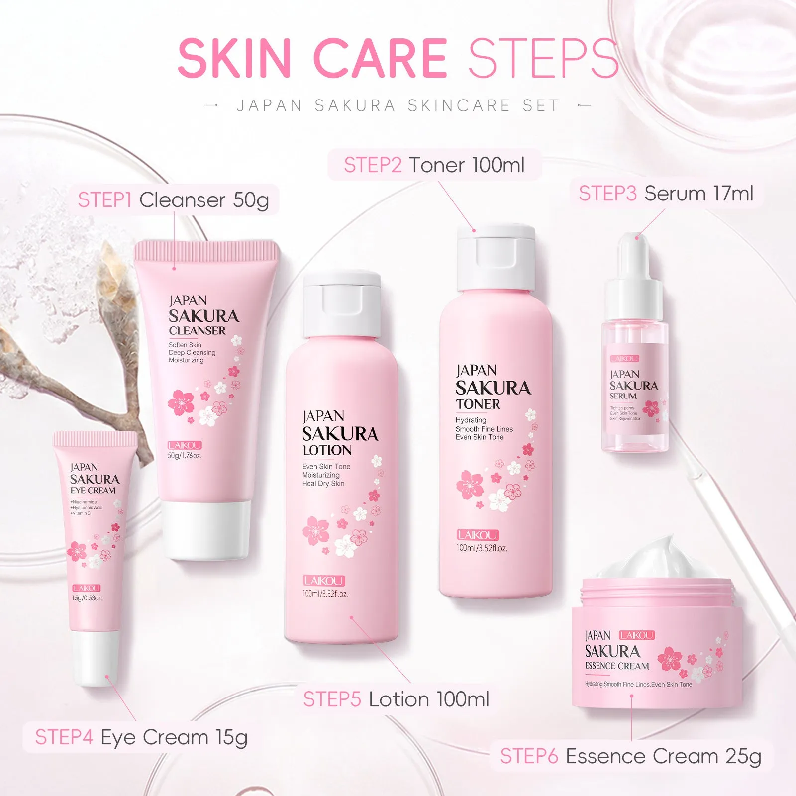 Cherry Blossom brightening and cleansing six piece facial skin care set with bottles and jars