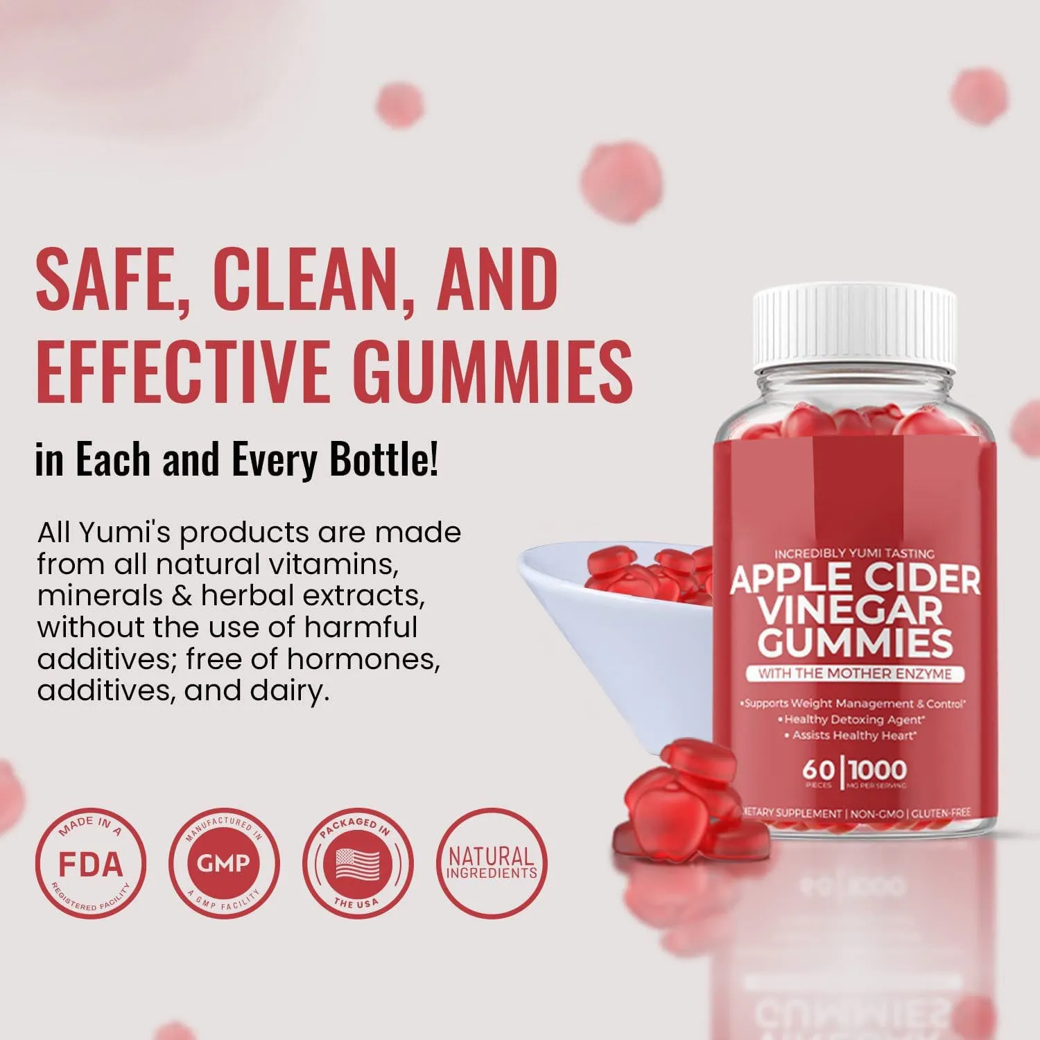 Bottle of apple cider vinegar gummy supplements containing 60 soft candy tablets for adult nutrition