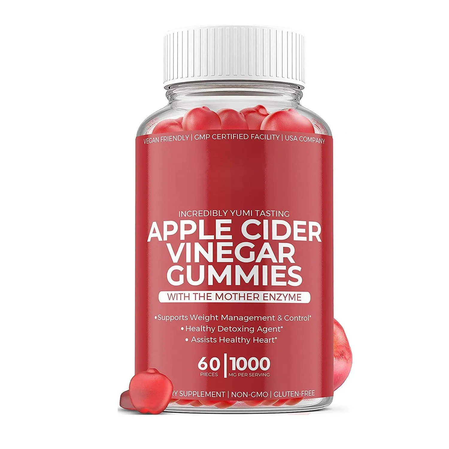 Bottle of apple cider vinegar gummy supplements containing 60 soft candy tablets for adult nutrition