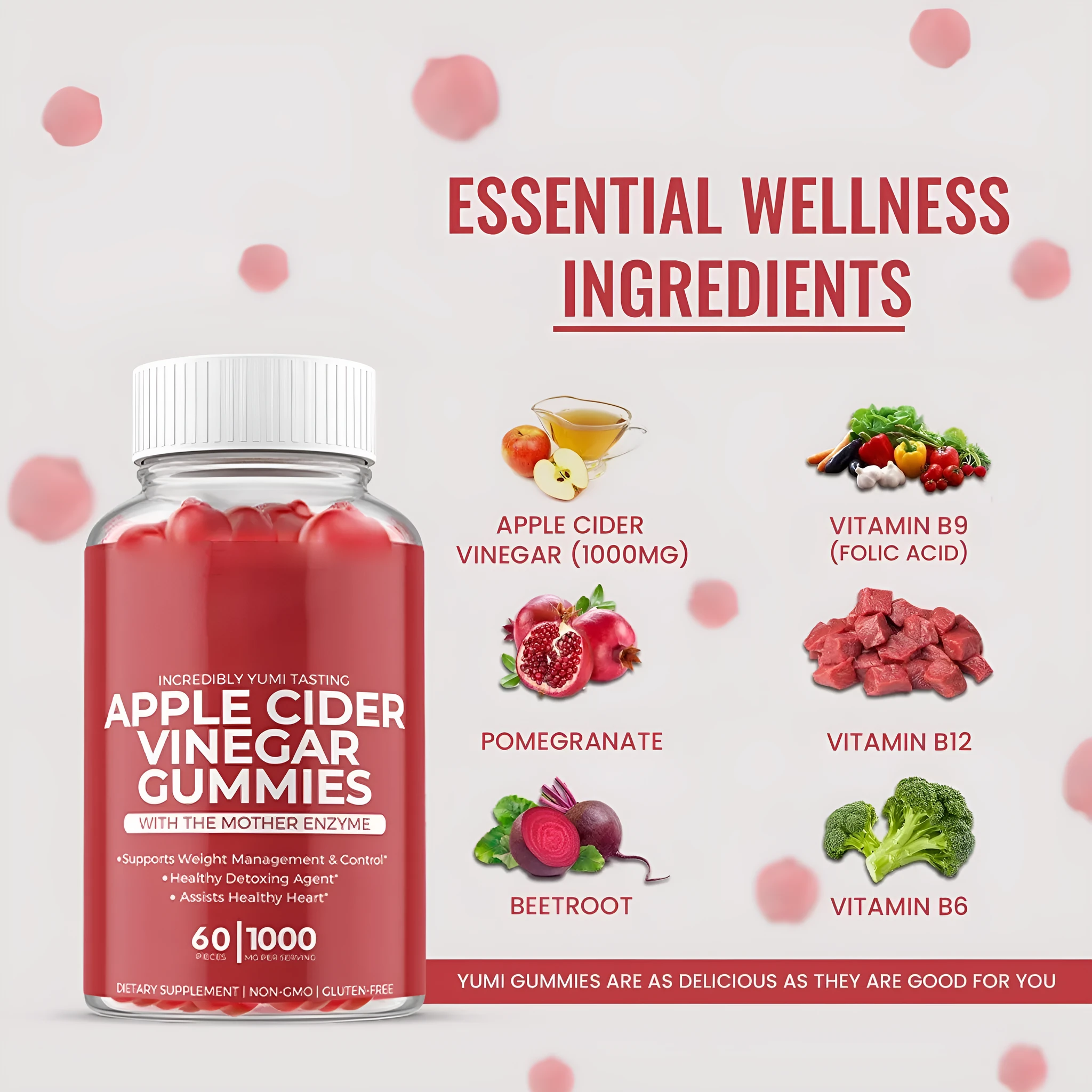 Bottle of apple cider vinegar gummy supplements containing 60 soft candy tablets for adult nutrition