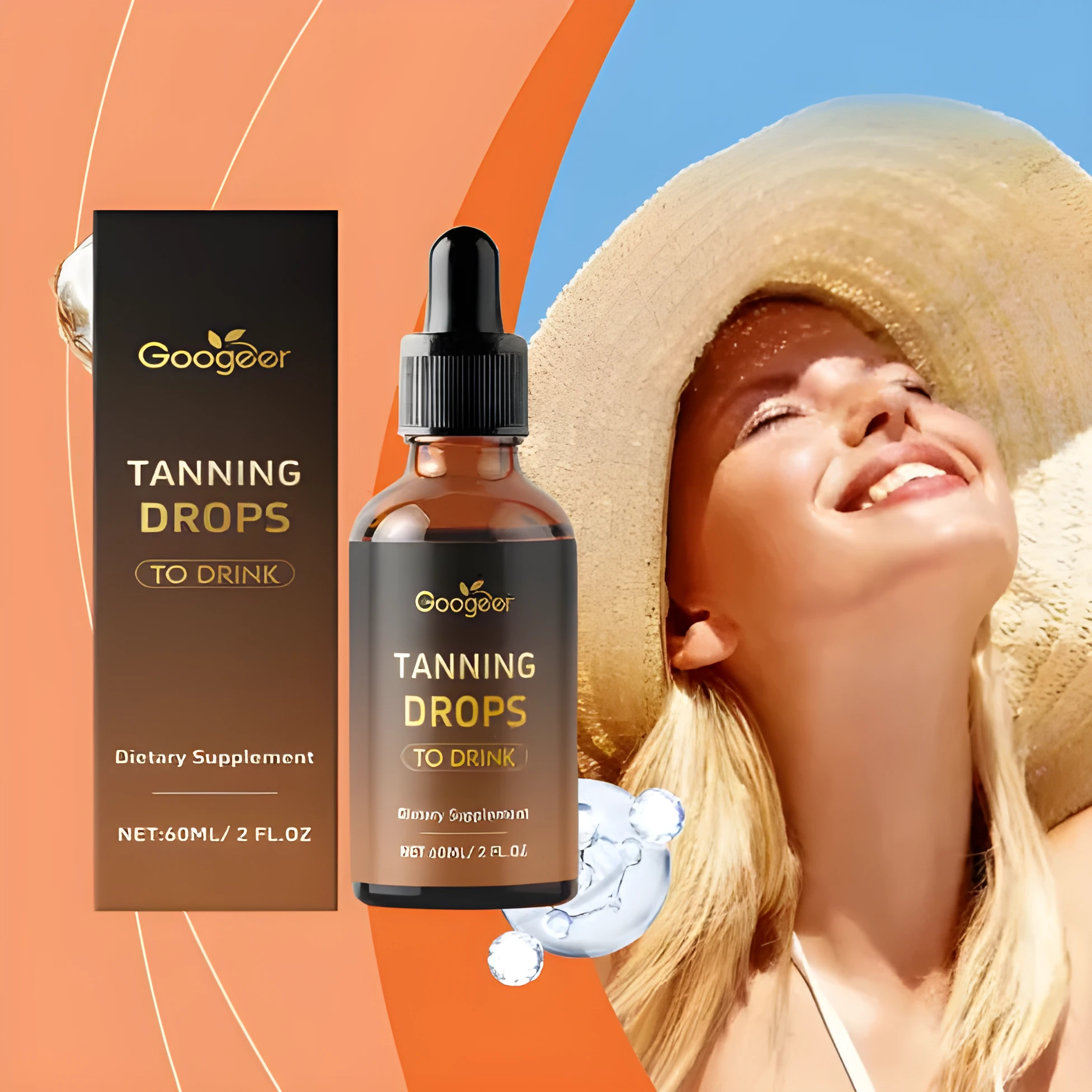 Googeer Tanning Drops To Drink Body Treatment bottle, 60ml net content.