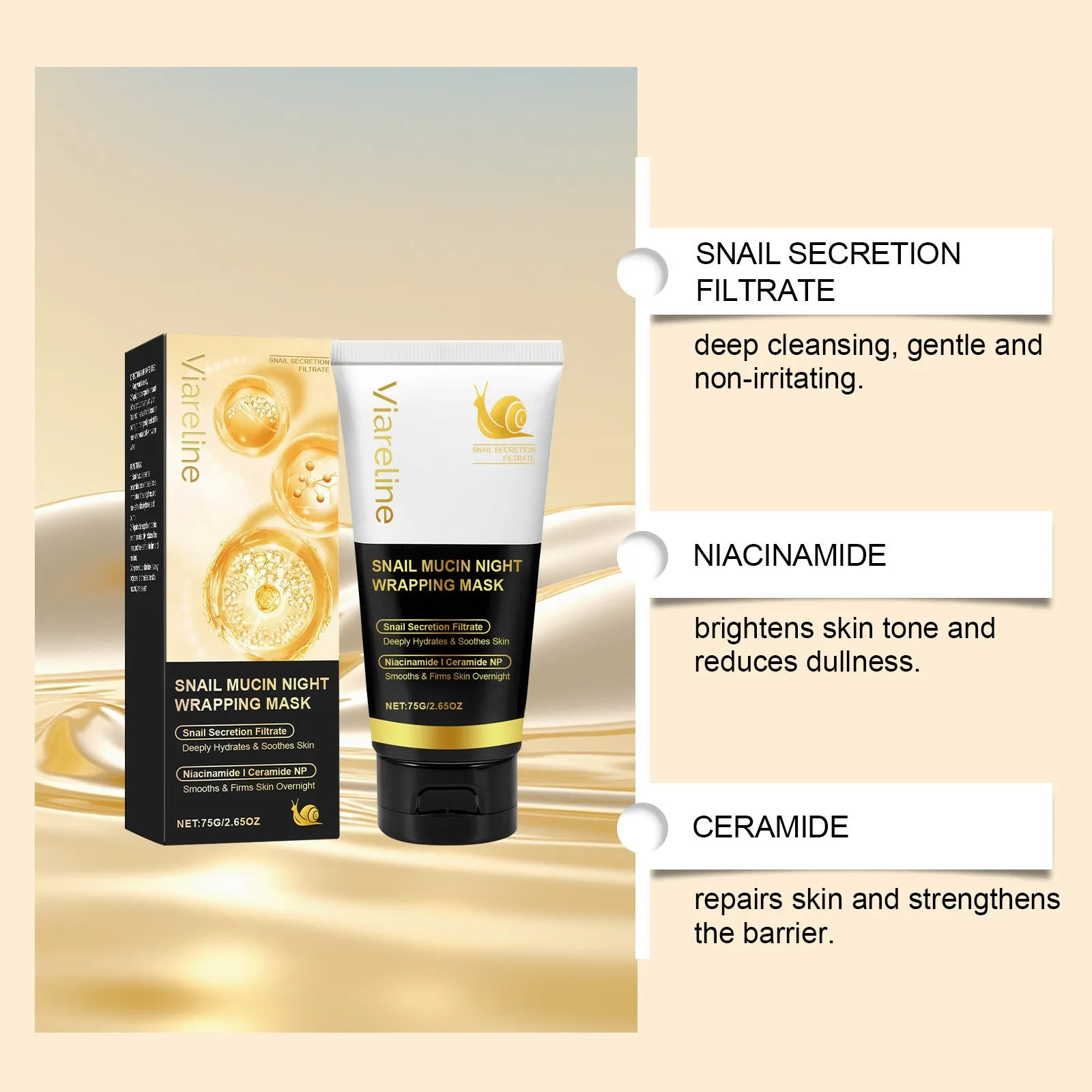 75g snail mucus gel facial mask with collagen and ceramide ingredients