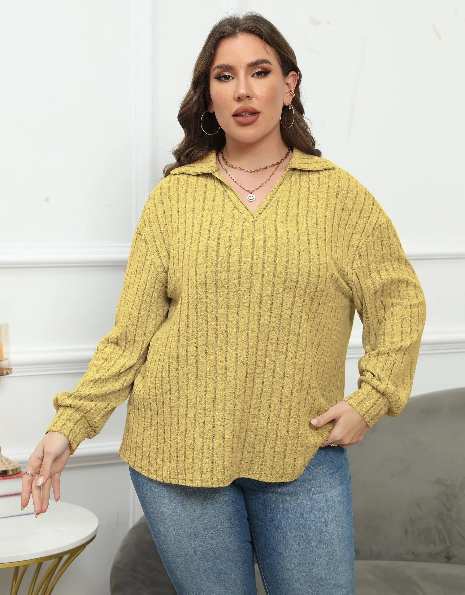 Women's plus size gray polo collar fleece shirt with lantern sleeves in street fashion style