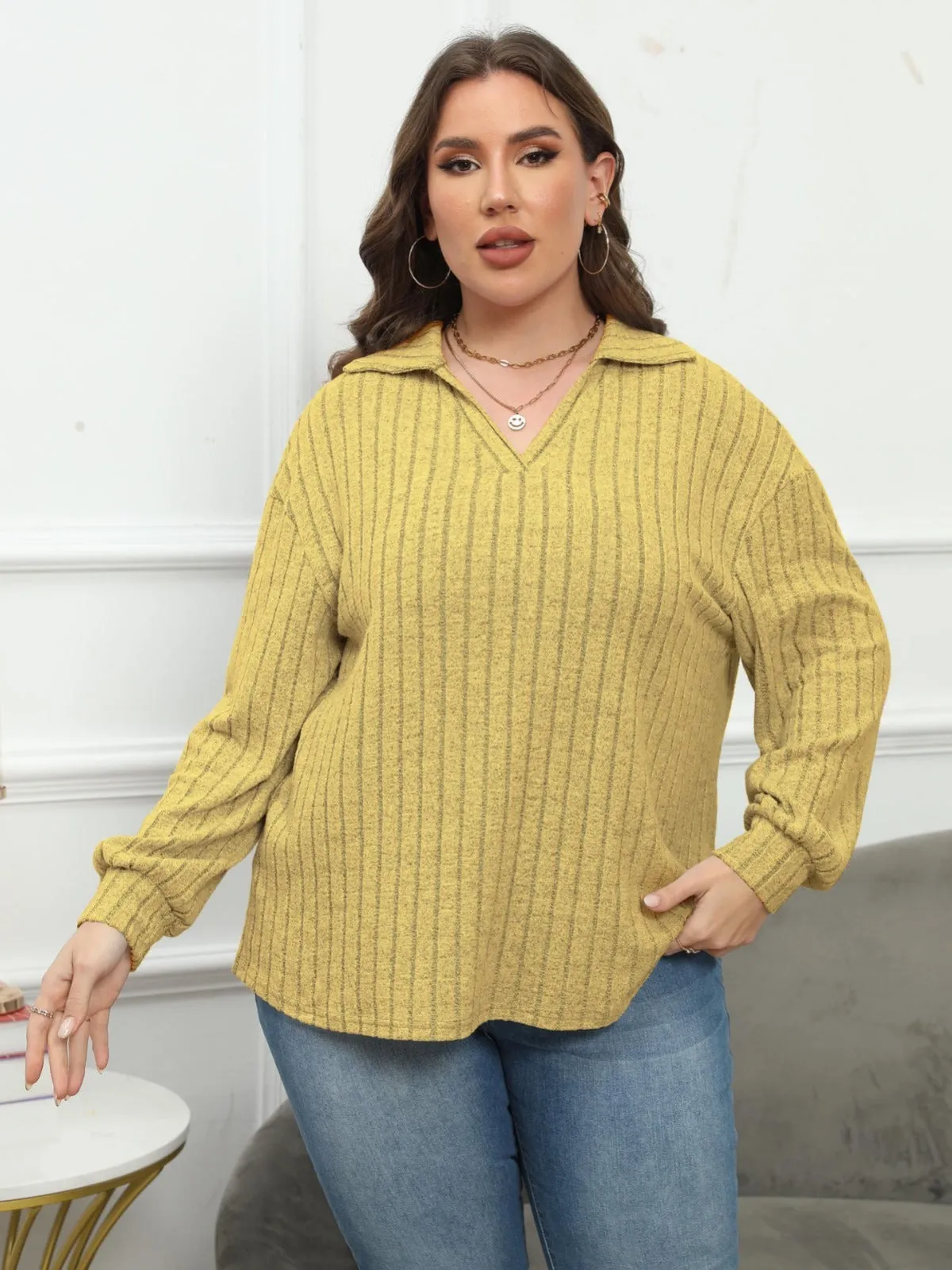 Women's plus size gray polo collar fleece shirt with lantern sleeves in street fashion style