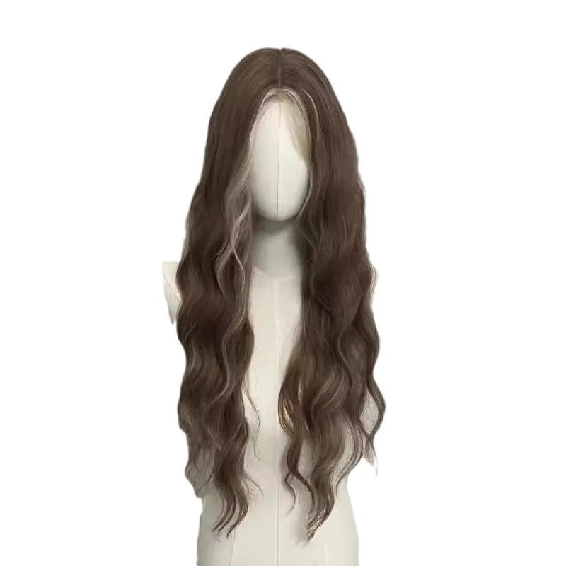 Long curly synthetic wig with grey golden highlights and straight lace front design