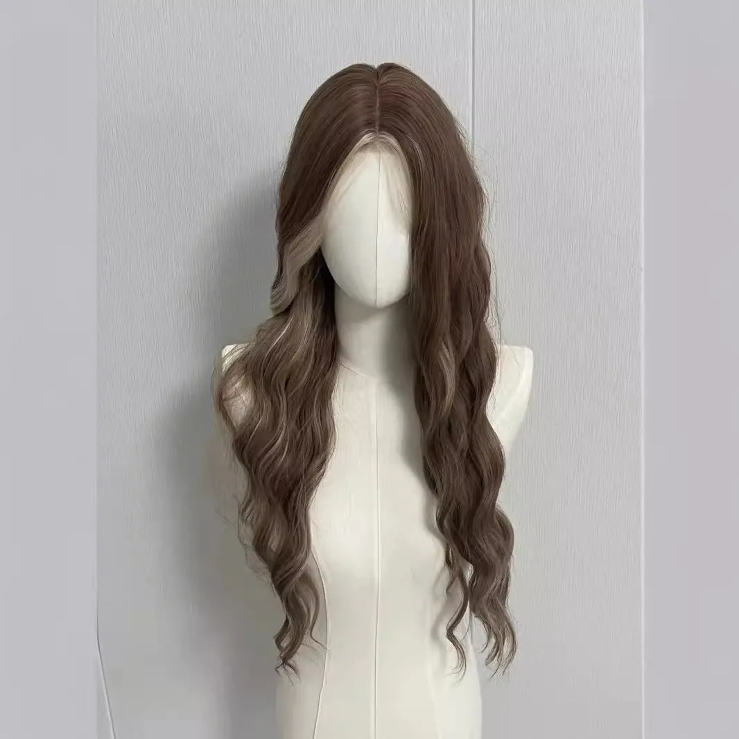 Long curly synthetic wig with grey golden highlights and straight lace front design