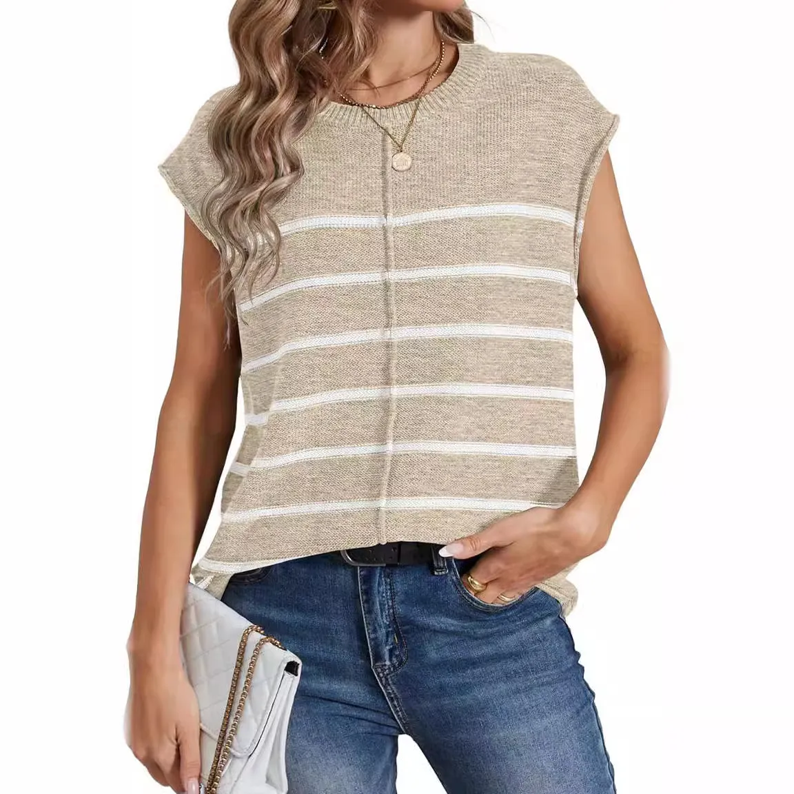 Women's striped sleeveless pullover vest in apricot colour showing seam bone stitching detail.
