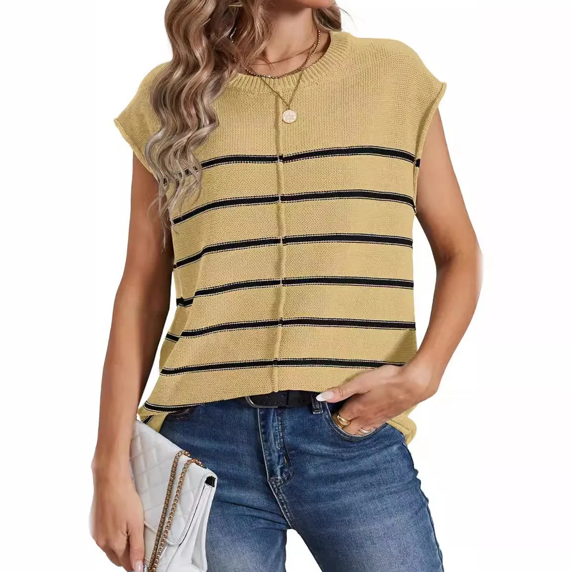 Women's striped sleeveless pullover vest in apricot colour showing seam bone stitching detail.