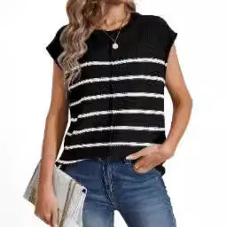 Women's striped sleeveless pullover vest in apricot colour showing seam bone stitching detail.