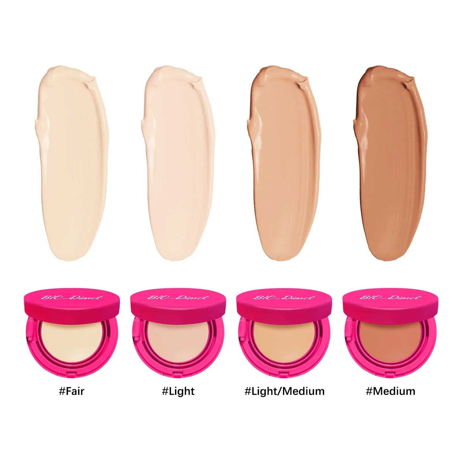 Liquid foundation cream in four nude shades: natural colour, cocoa colour, ivory white, deep flesh colour