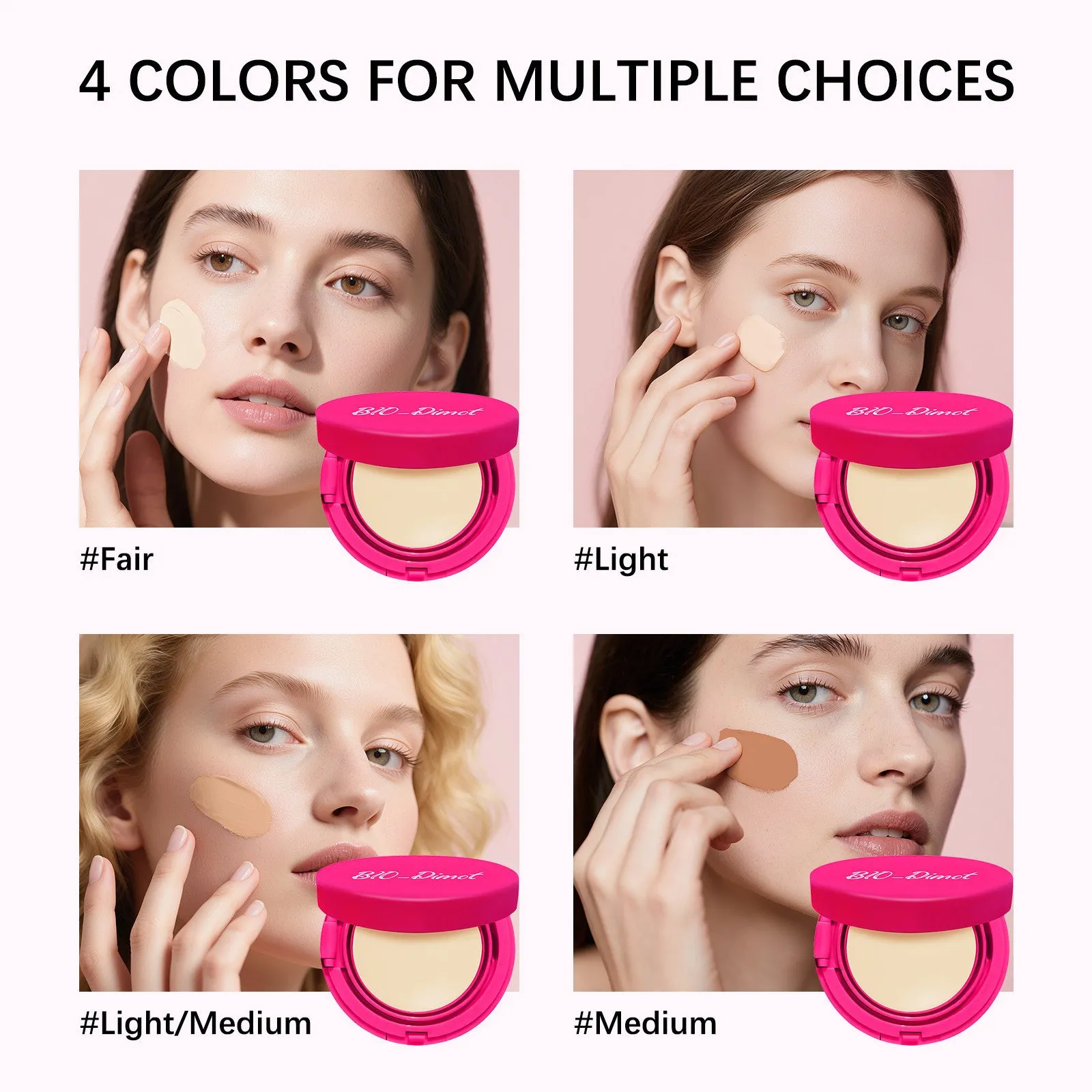 Liquid foundation cream in four nude shades: natural colour, cocoa colour, ivory white, deep flesh colour