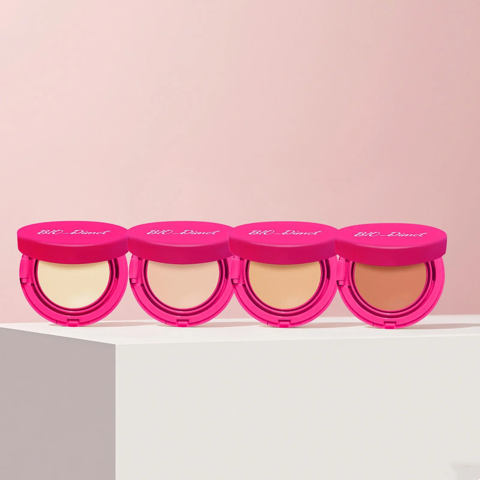 Liquid foundation cream in four nude shades: natural colour, cocoa colour, ivory white, deep flesh colour
