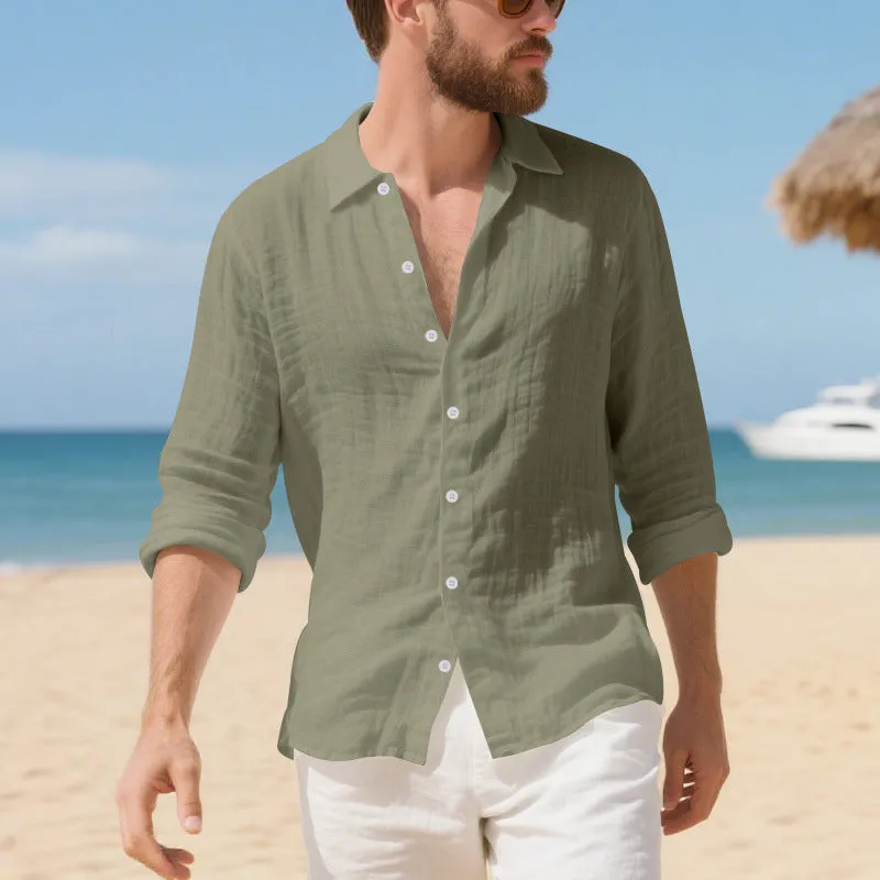 Men's loose fit linen casual shirt in khaki colour on a hanger