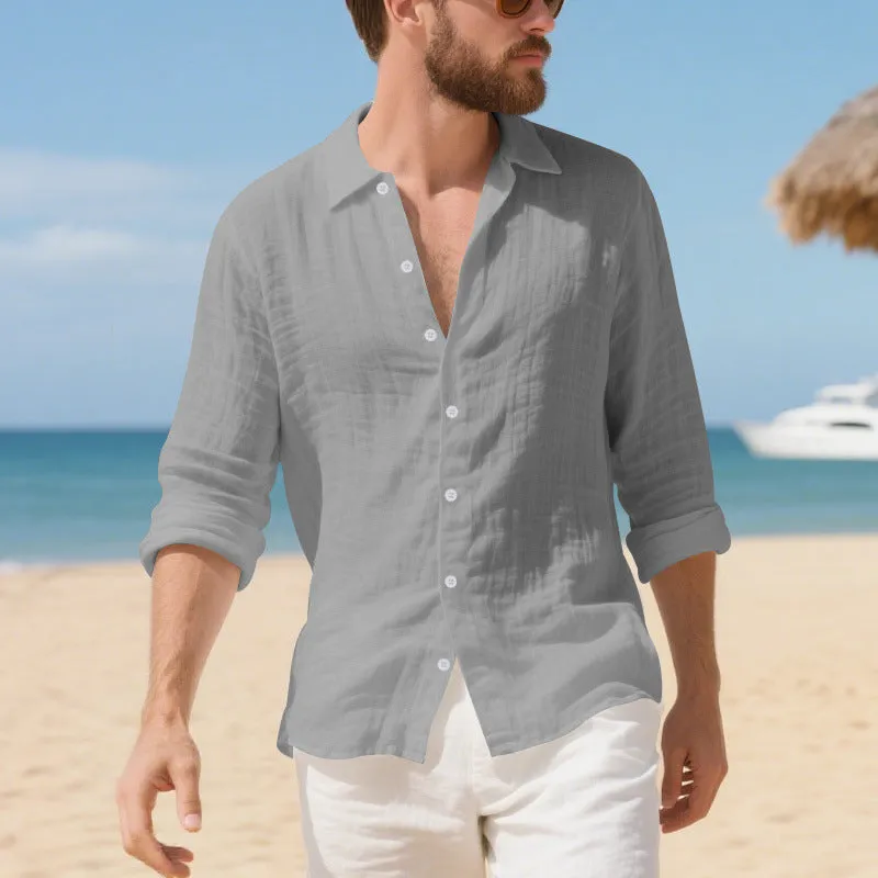 Men's loose fit linen casual shirt in khaki colour on a hanger