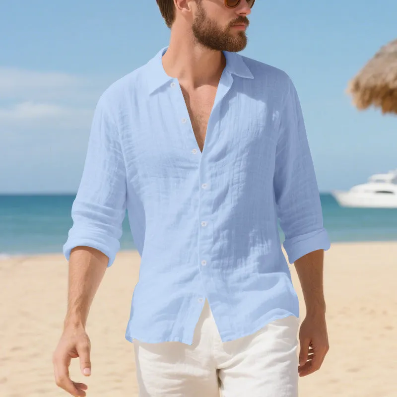 Men's loose fit linen casual shirt in khaki colour on a hanger