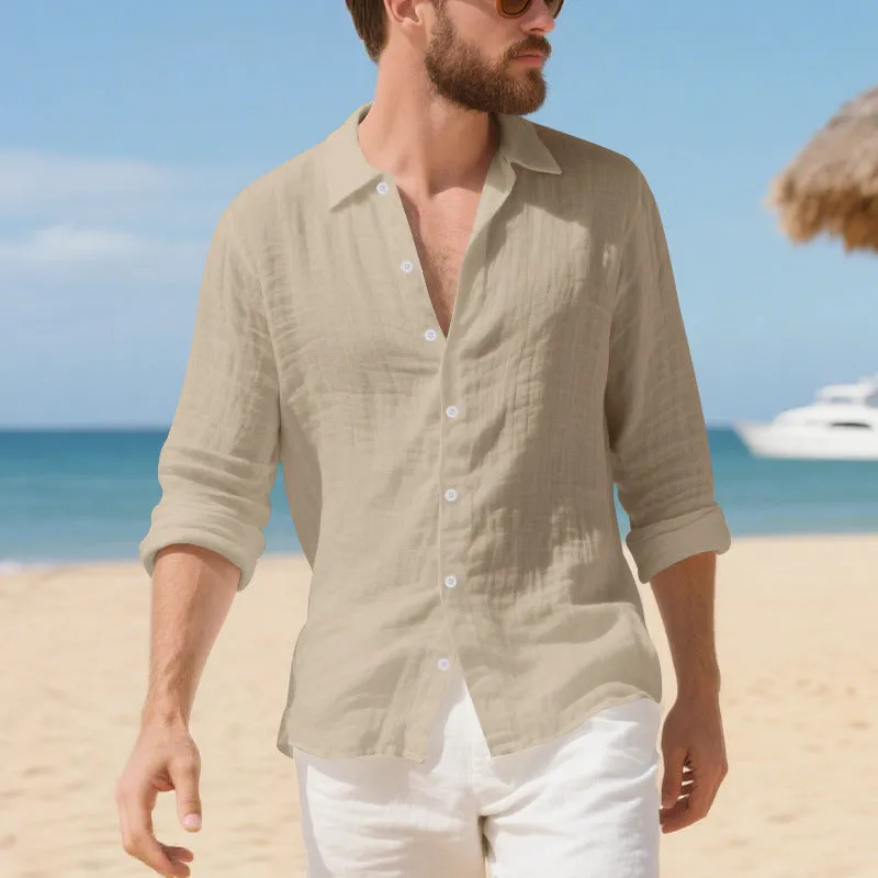Men's loose fit linen casual shirt in khaki colour on a hanger