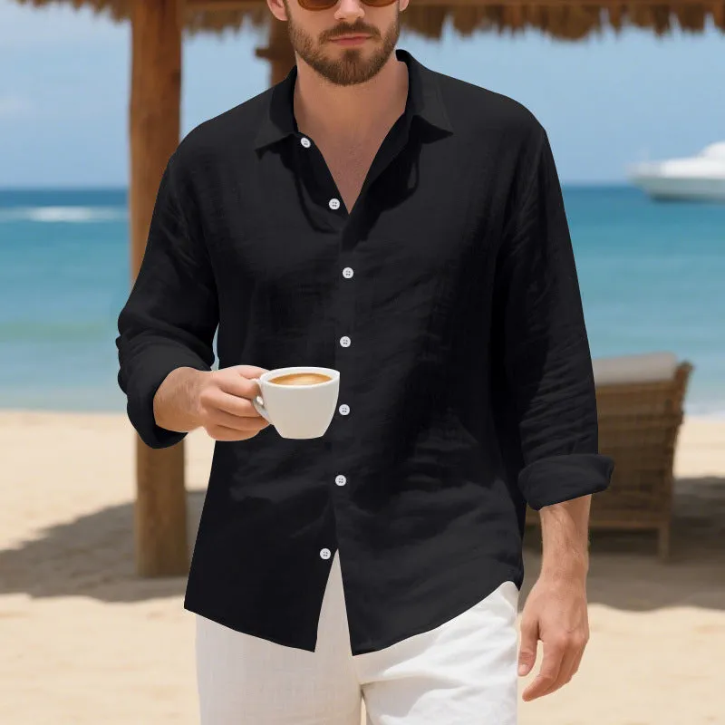 Men's loose fit linen casual shirt in khaki colour on a hanger