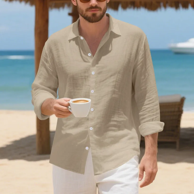 Men's loose fit linen casual shirt in khaki colour on a hanger