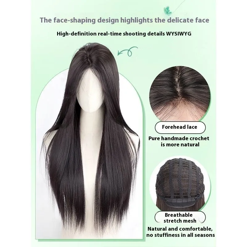 Full-head forehead lace wig in brown black colour with long straight synthetic hair