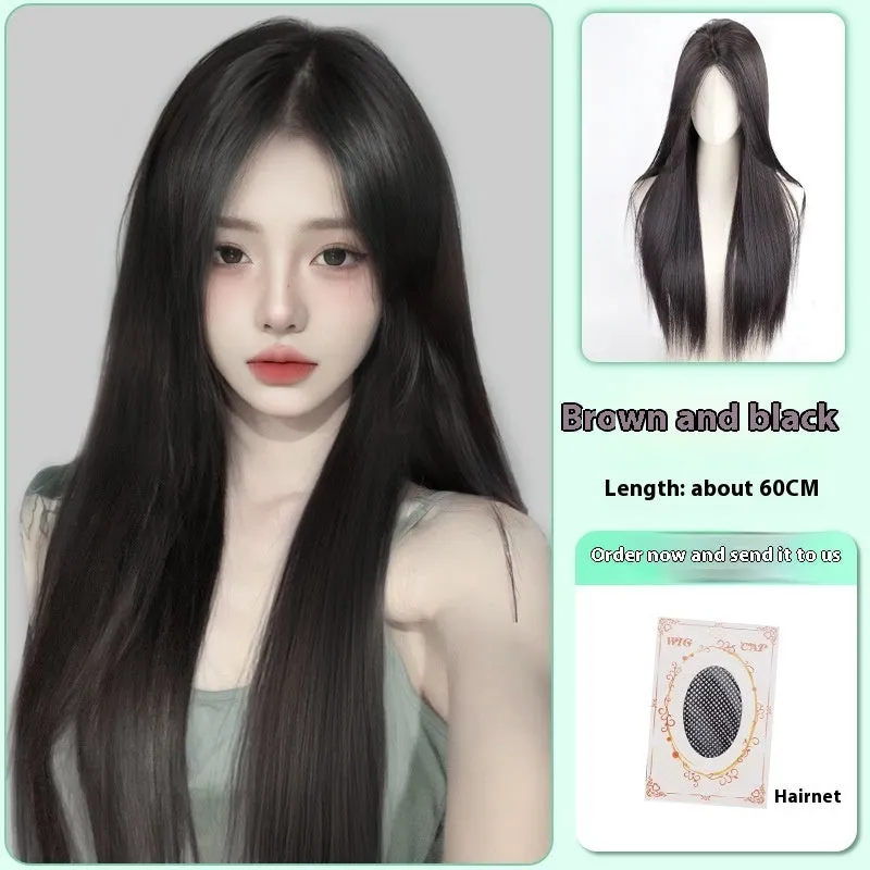 Full-head forehead lace wig in brown black colour with long straight synthetic hair