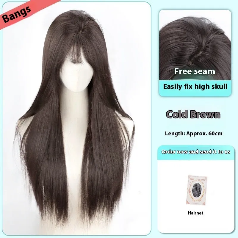 Full-head forehead lace wig in brown black colour with long straight synthetic hair