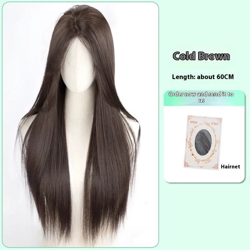 Full-head forehead lace wig in brown black colour with long straight synthetic hair