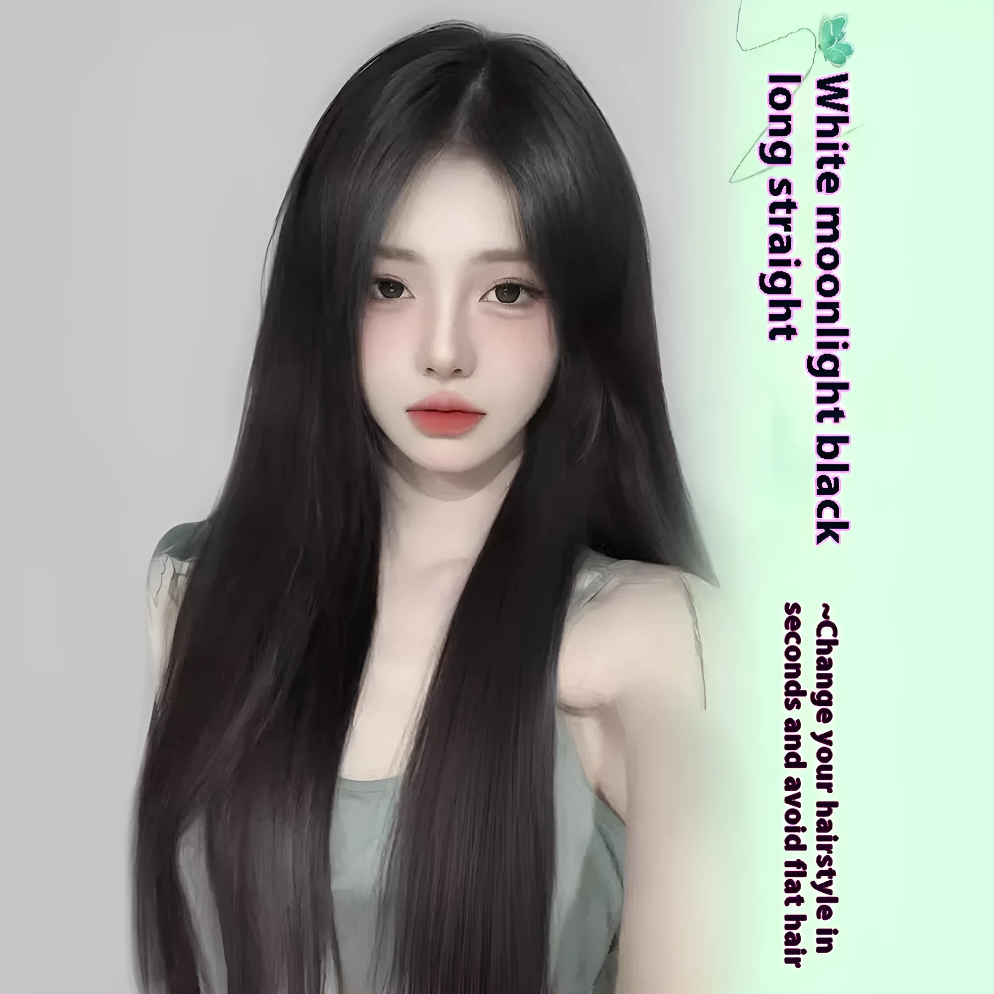 Full-head forehead lace wig in brown black colour with long straight synthetic hair